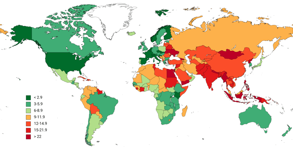 Deaths due to long working hours per 100,000 people (15+), joint study conducted by World Health Organization and International Labour Organization in 2016.